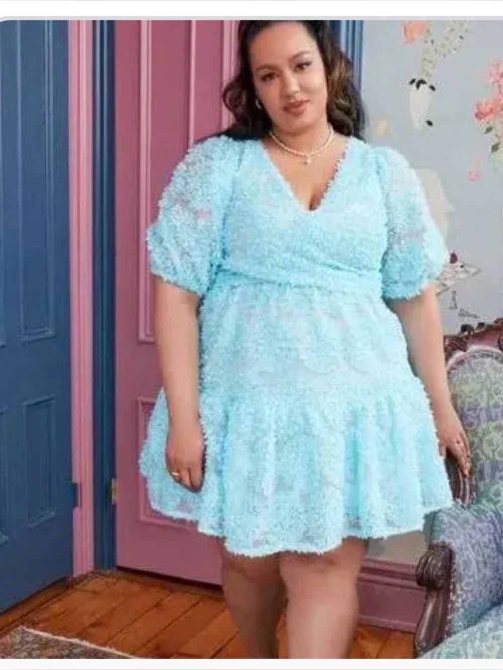 New Eloquii 22 appliqué 3D blue v neck wrap waist midi cocktail party dress